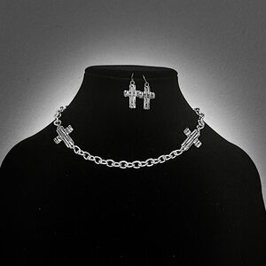 Silver-Toned Necklace with Interlocking Chain and Cross Design